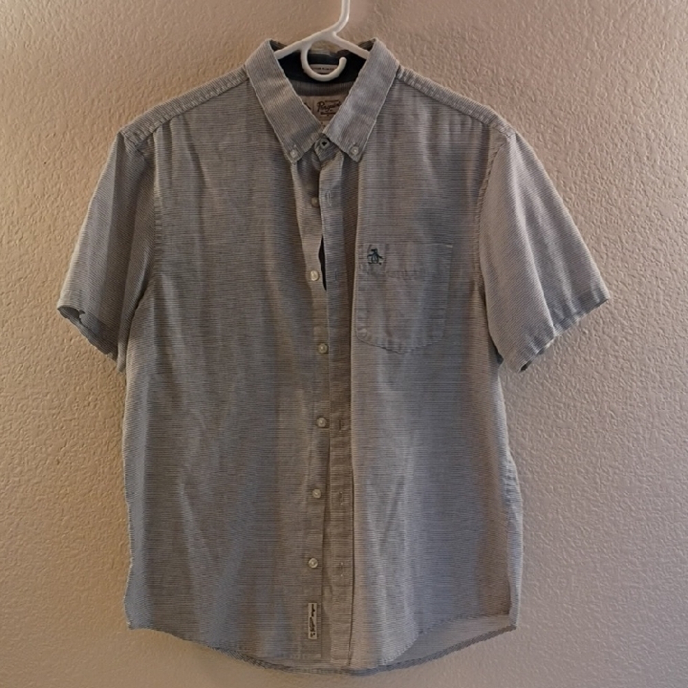 Original Penguin Short-Sleeve Button-Down Shirt in Light Blue Stripe